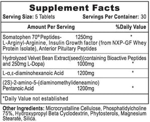 A black-and-white Supplement Facts label for a dietary supplement, showing serving size of 5 tablets, ingredients list, and daily value information for Somatogen 70 Peptides.