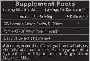 Pro IGF-1 Supplement facts label with IGF-1 and other ingredients on a black background