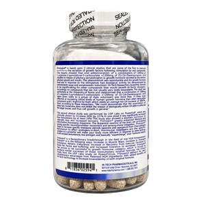 A clear plastic bottle of Protropin capsules with a white protective seal and a blue and white back label, photographed on a white background.