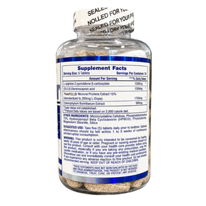 A bottle of dietary supplement tablets with a white cap and a visible Supplement Facts label, photographed on a plain white background.
