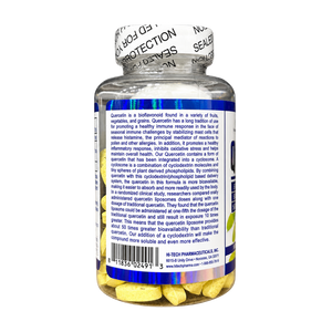 A clear supplement bottle filled with yellow capsules, showing the back of the label with Product information text and a broken seal warning on the white cap, isolated on a white background.