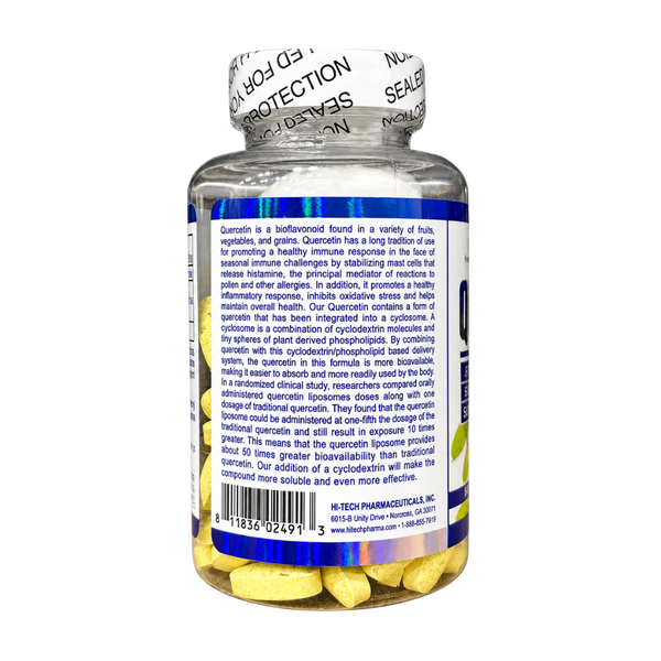 A clear supplement bottle filled with yellow capsules, showing the back of the label with Product information text and a broken seal warning on the white cap, isolated on a white background.