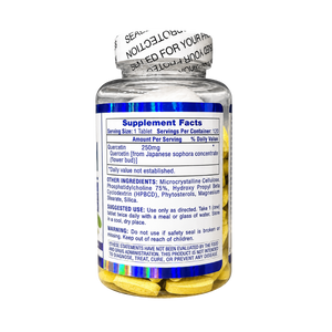 A clear supplement bottle filled with yellow capsules, showing the back of the label with Supplement Facts text and a broken seal warning on the white cap, isolated on a white background.