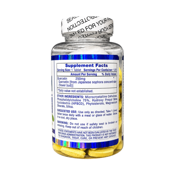 A clear supplement bottle filled with yellow capsules, showing the back of the label with Supplement Facts text and a broken seal warning on the white cap, isolated on a white background.