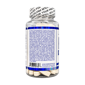 A clear plastic supplement bottle filled with beige tablets, featuring a white and blue label with product information text and a white seal-style cap printed.