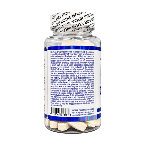 A clear plastic supplement bottle filled with beige tablets, featuring a white and blue label with product information text and a white seal-style cap printed.