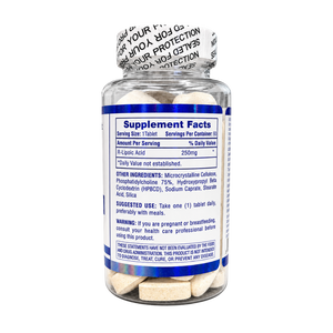 A clear plastic supplement bottle filled with beige tablets, featuring a white and blue label with 'Supplement Facts' text and a white seal-style cap printed with warning text.