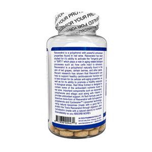 A clear plastic supplement bottle with a white seal cap, showing a white label with blue text and a gold foil seal. The bottle is filled with brown capsules and contains a detailed product information panel about Resveratrol.