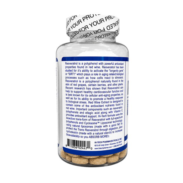 A clear plastic supplement bottle with a white seal cap, showing a white label with blue text and a gold foil seal. The bottle is filled with brown capsules and contains a detailed product information panel about Resveratrol.