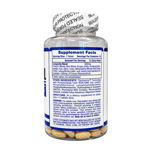 A bottle of dietary supplements with a white cap and a blue label showing the Supplement Facts panel. The bottle is filled with tan round tablets, photographed on a clean white background.