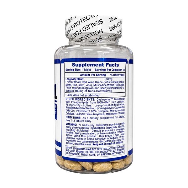 A bottle of dietary supplements with a white cap and a blue label showing the Supplement Facts panel. The bottle is filled with tan round tablets, photographed on a clean white background.