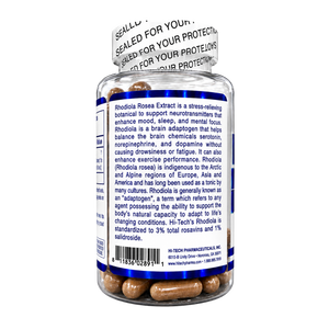A clear plastic bottle of Rhodiola Rosea extract capsules with a white seal strip and a white back label containing product information and a barcode, on a plain white background.