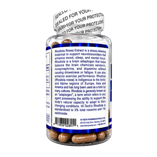 A clear plastic bottle of Rhodiola Rosea extract capsules with a white seal strip and a white back label containing product information and a barcode, on a plain white background.