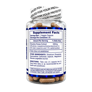 A clear plastic supplement bottle with a white cap and a white label reading 'Supplement Facts.' The bottle contains brown oval capsules and has a printed warning seal on the cap.