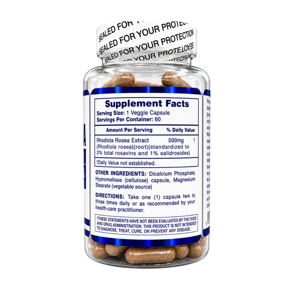 A clear plastic supplement bottle with a white cap and a white label reading 'Supplement Facts.' The bottle contains brown oval capsules and has a printed warning seal on the cap.
