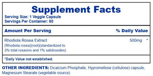 Supplement facts label for Rhodiola Rosea Extract with serving size and daily value information.