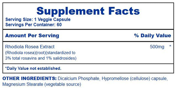 Supplement facts label for Rhodiola Rosea Extract with serving size and daily value information.