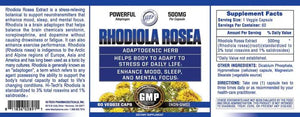Supplement label for Rhodiola Rosea with text and graphics on a blue background
