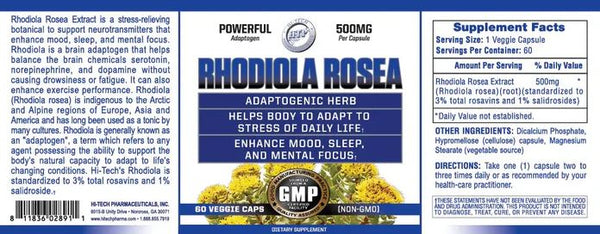 Supplement label for Rhodiola Rosea with text and graphics on a blue background