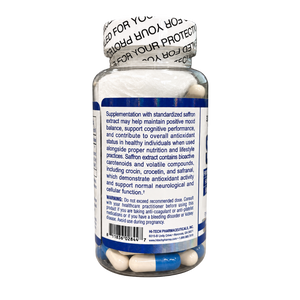 A clear plastic bottle of dietary supplements with a white screw cap, showing the back label and white capsules inside, on a white background.