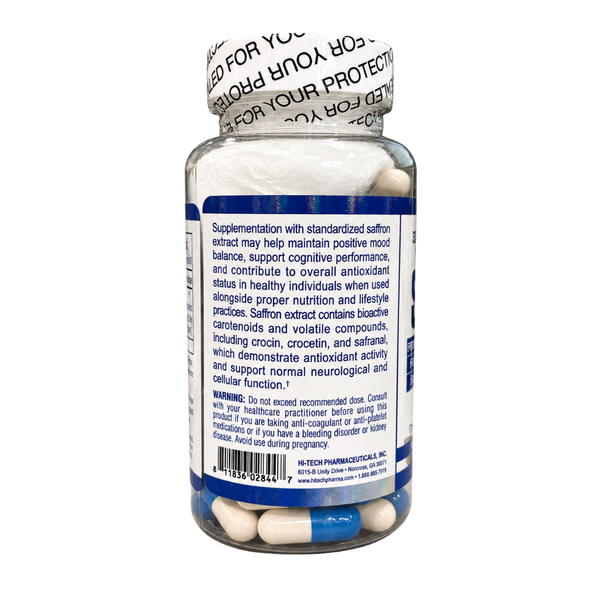 A clear plastic bottle of dietary supplements with a white screw cap, showing the back label and white capsules inside, on a white background.