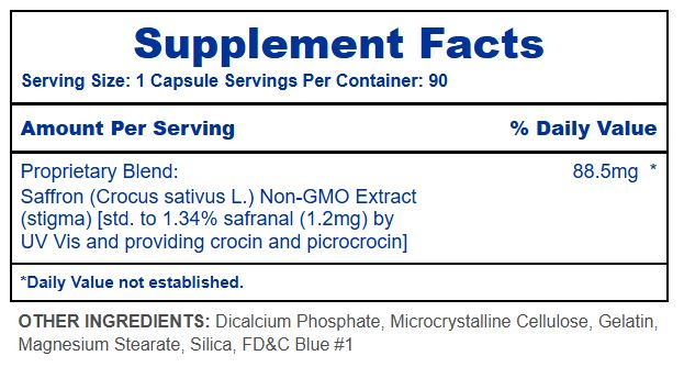 A bottle of Saffron dietary supplement capsules on a plain white background. The clear plastic bottle shows blue and white capsules inside, with a white cap and a white label featuring blue text and purple saffron flower graphics.