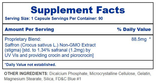 A Supplement Facts label showing a capsule serving size of 1, with a proprietary blend of saffron extract at 88.5mg and a list of other ingredients including dicalcium phosphate, microcrystalline cellulose, gelatin, magnesium stearate, silica, and FD&C Blue #1.