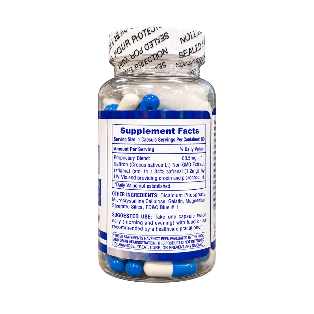 A bottle of Saffron dietary supplement capsules on a plain white background. The clear plastic bottle shows blue and white capsules inside, with a white cap and a white label featuring blue text and purple saffron flower graphics.