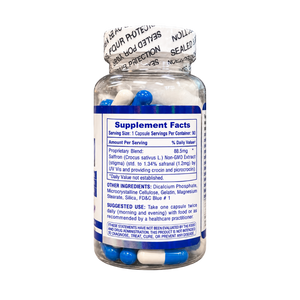 A clear plastic bottle of dietary supplements with blue and white capsules inside, featuring a white and blue label with 'Supplement Facts' and a printed seal on the cap.
