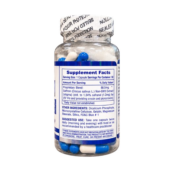 A clear plastic bottle of dietary supplements with blue and white capsules inside, featuring a white and blue label with 'Supplement Facts' and a printed seal on the cap.