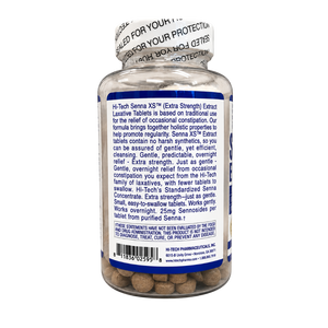 A clear plastic bottle of Hi-Tech Senna XS Extra Strength herbal supplement with a white and blue screw cap, showing the back label with text and a barcode on a white background.