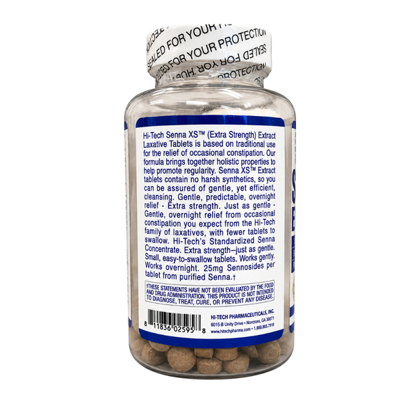 A clear plastic bottle of Hi-Tech Senna XS Extra Strength herbal supplement with a white and blue screw cap, showing the back label with text and a barcode on a white background.