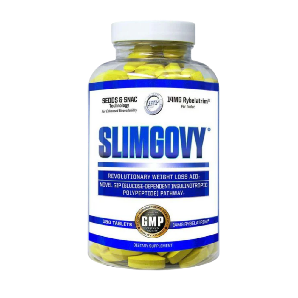Bottle of Slimgovy dietary supplement with yellow capsules on a white background