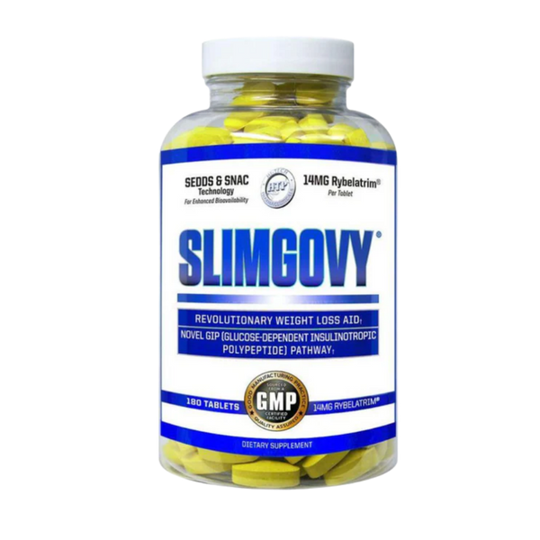 Bottle of Slimgovy dietary supplement with yellow capsules on a white background