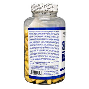 A clear plastic bottle of SinGron+ dietary supplement with a white cap and a blue and white label, showing the back side of the packaging with product details and a barcode.