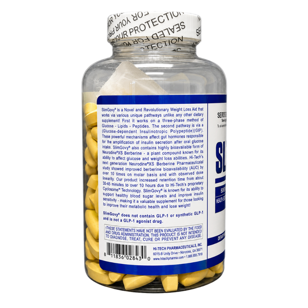 A clear plastic bottle of SinGron+ dietary supplement with a white cap and a blue and white label, showing the back side of the packaging with product details and a barcode.