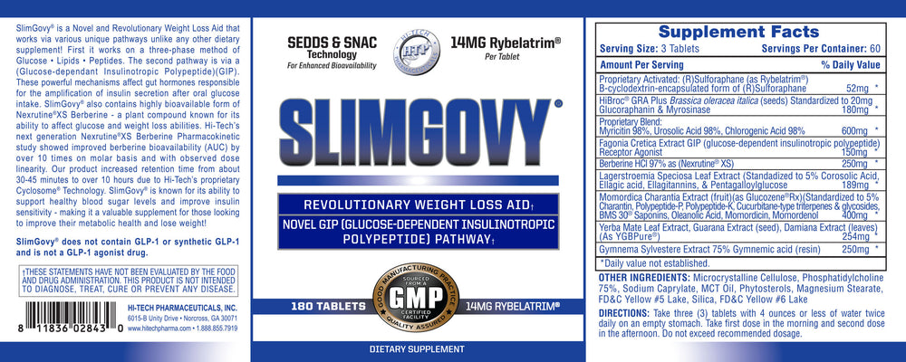 A bottle of Hi-Tech Pharmaceuticals Slimgovy on a white background.