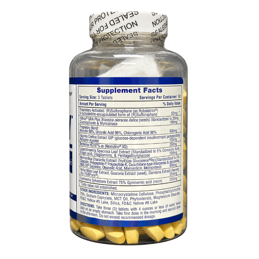Bottle of Slimgovy dietary supplement with yellow capsules on a white background