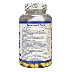 A clear plastic bottle of dietary supplements showing the Supplement Facts label and yellow tablets inside, on a white background.