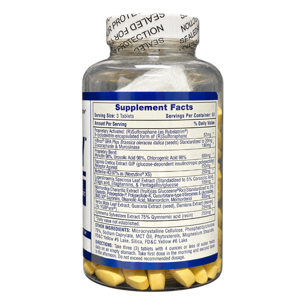 A clear plastic bottle of dietary supplements showing the Supplement Facts label and yellow tablets inside, on a white background.