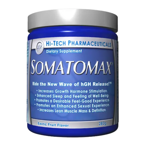 Blue supplement container labeled 'Somatomax' by Hi-Tech Pharmaceuticals on a white background.