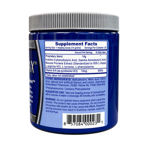 Back view of a blue supplement tub with a ribbed silver lid, showing the Supplement Facts label and barcode on a white background.