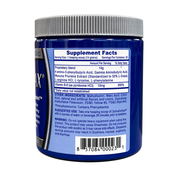 Back view of a blue supplement tub with a ribbed silver lid, showing the Supplement Facts label and barcode on a white background.