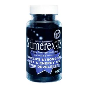 A bottle of Stimerex-ES dietary supplement with a white cap and a dark blue label, shown on a plain white background.