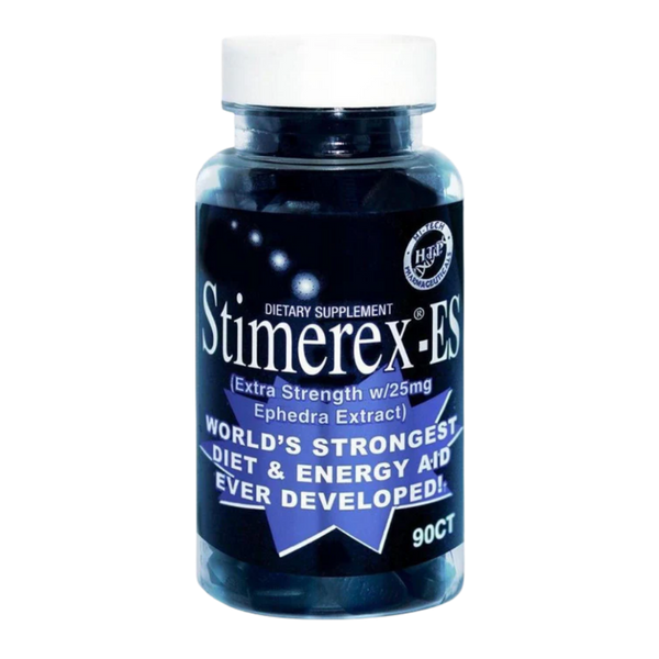 A bottle of Stimerex-ES dietary supplement with a white cap and a dark blue label, shown on a plain white background.