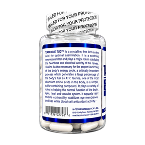 A clear plastic bottle of Taurine 750 dietary supplement, showing the back label with product details, a white seal with black text, and HI-TECH PHARMACEUTICALS, INC. branding.