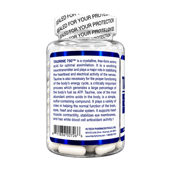 A clear plastic bottle of Taurine 750 dietary supplement, showing the back label with product details, a white seal with black text, and HI-TECH PHARMACEUTICALS, INC. branding.
