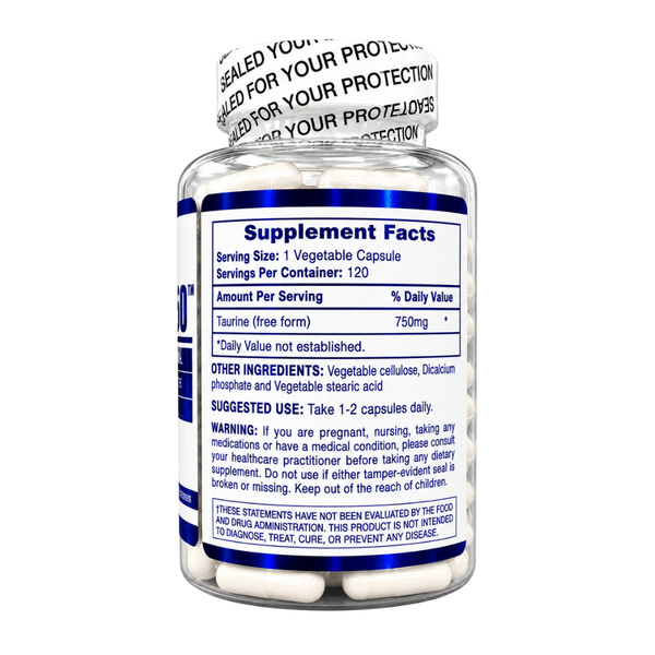 A clear plastic bottle of dietary supplements with a white child-resistant cap, showing the back label with 'Supplement Facts' and product details. The bottle is photographed on a clean white background.