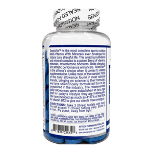 Back view of a white bottle of TestoVite multi-vitamin supplement, showing the detailed product information label and a white seal band around the neck.