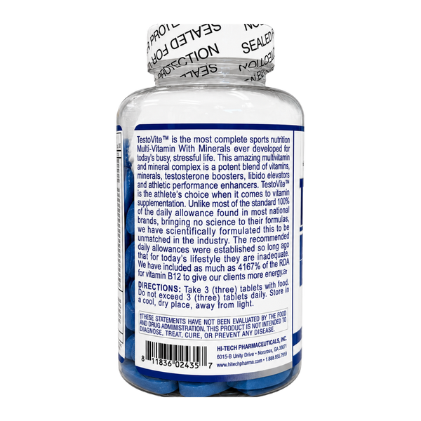 Back view of a white bottle of TestoVite multi-vitamin supplement, showing the detailed product information label and a white seal band around the neck.